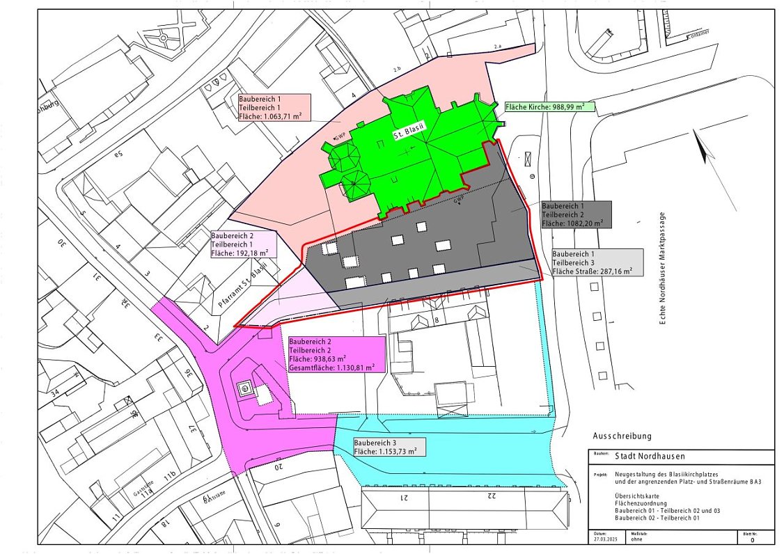 2. Teilbaubereich Blasiikirchplatz (rot umrandet) (Foto: Stadtverwaltung Nordhausen) Bild: 2. Teilbaubereich Blasiikirchplatz (rot umrandet)